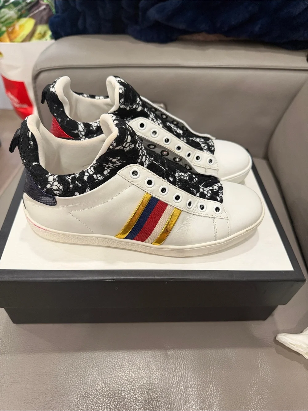 Gucci White Sneakers with Red, Blue & Gold Stripes and Black Lace Collar